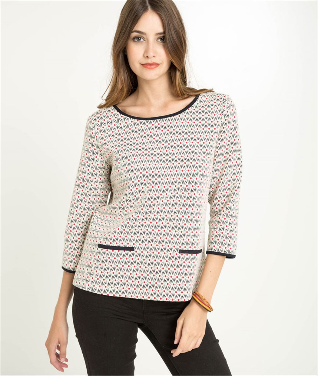 Sweat femme col rond motifs géométriques ECRU