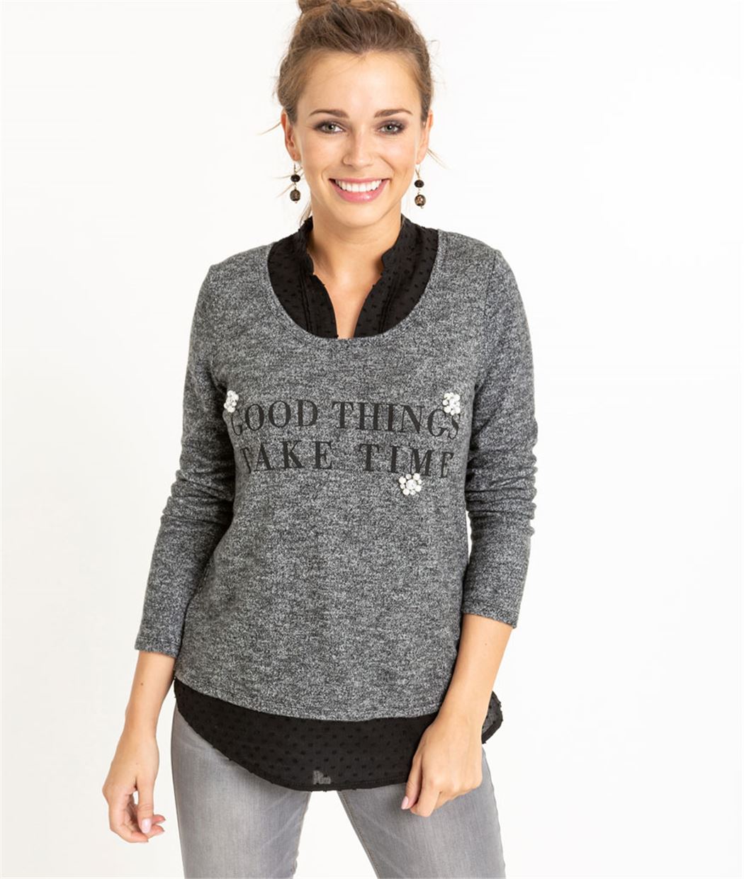  Pull  femme  2 en 1 gris  avec message GRIS  Grain de Malice