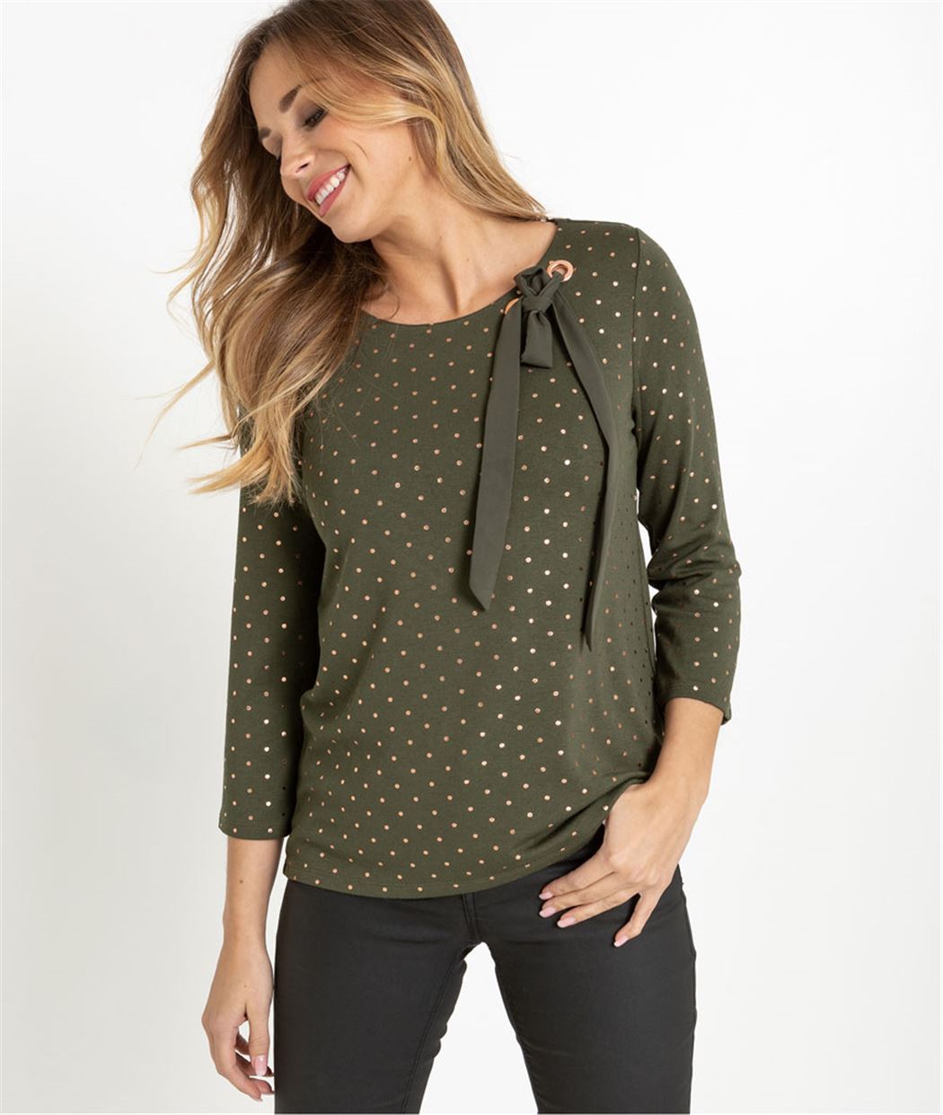 Pull femme manches 3/4 à pois KAKI