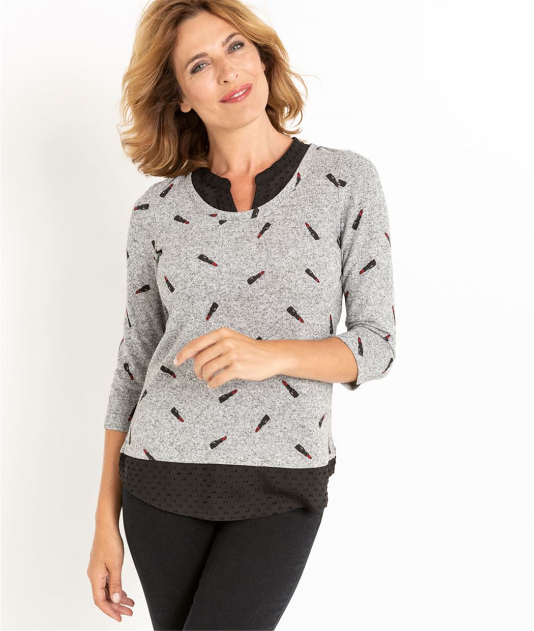 T-shirt femme 2 en 1 imprimé GRIS