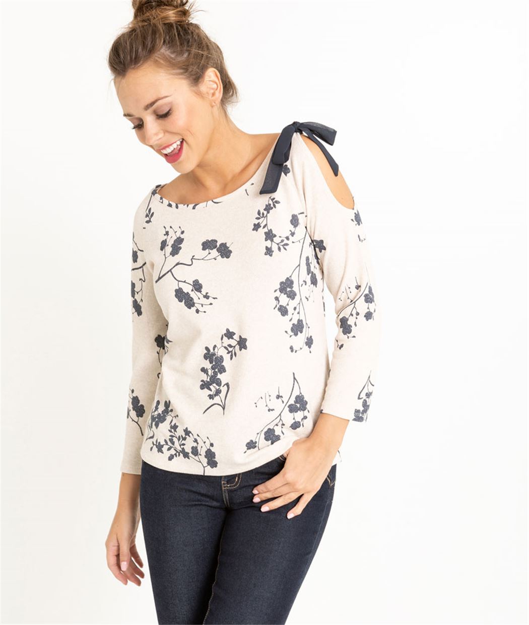 T-shirt femme épaule ouverte et noeud BEIGE