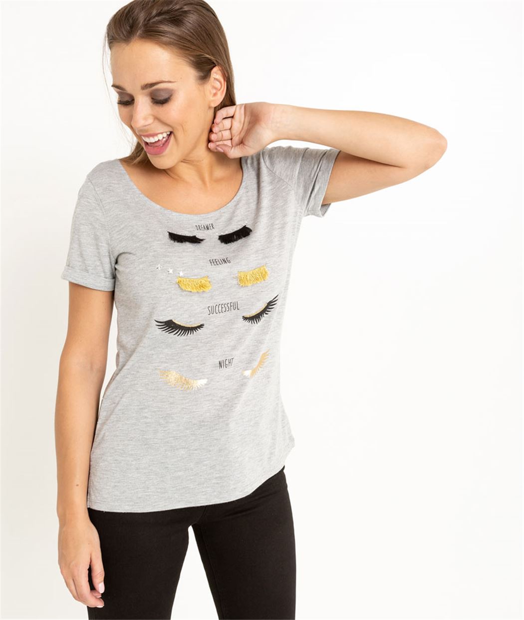 T-shirt femme manches courtes avec cils GRIS