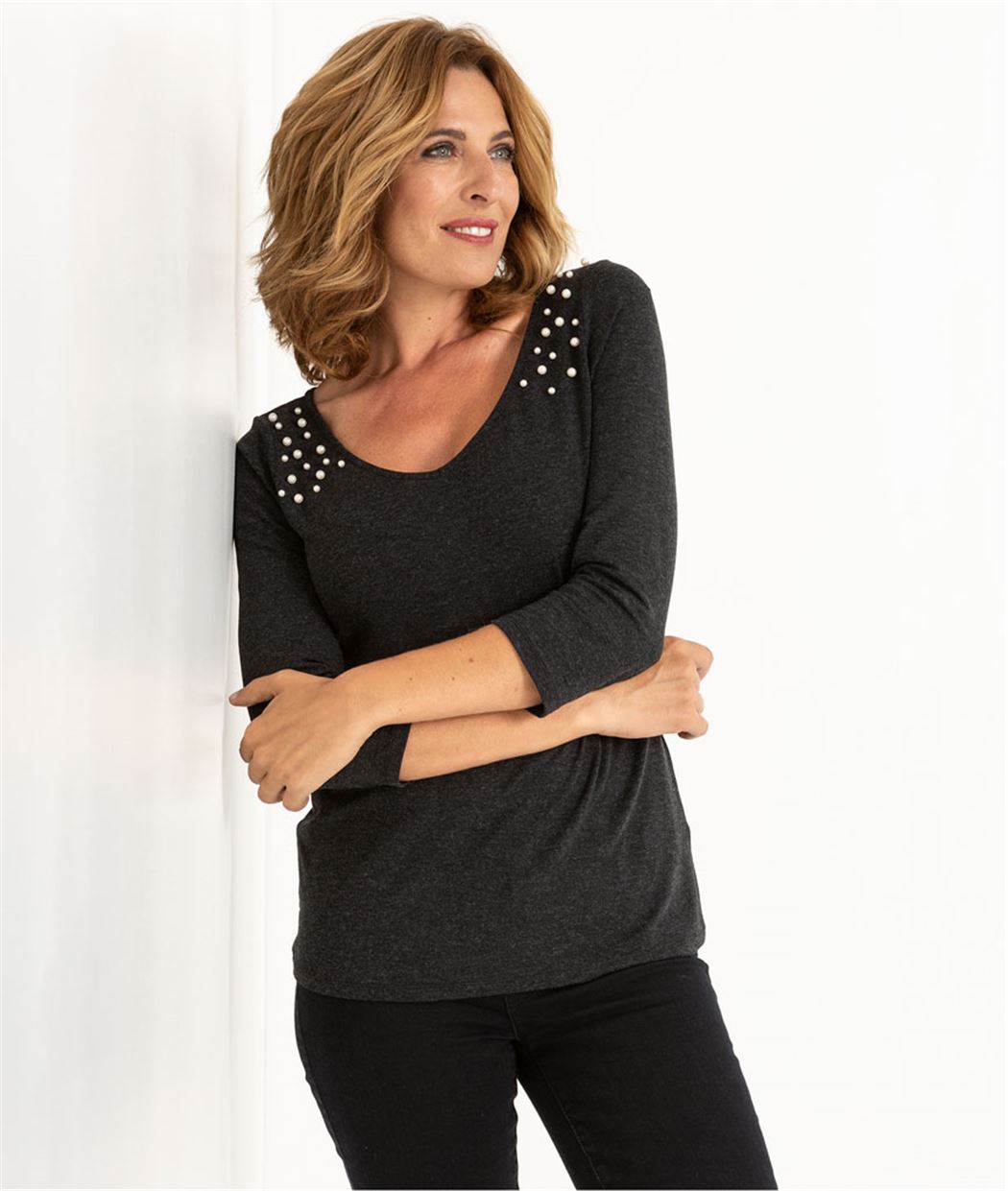 T-shirt femme détails perles GRIS