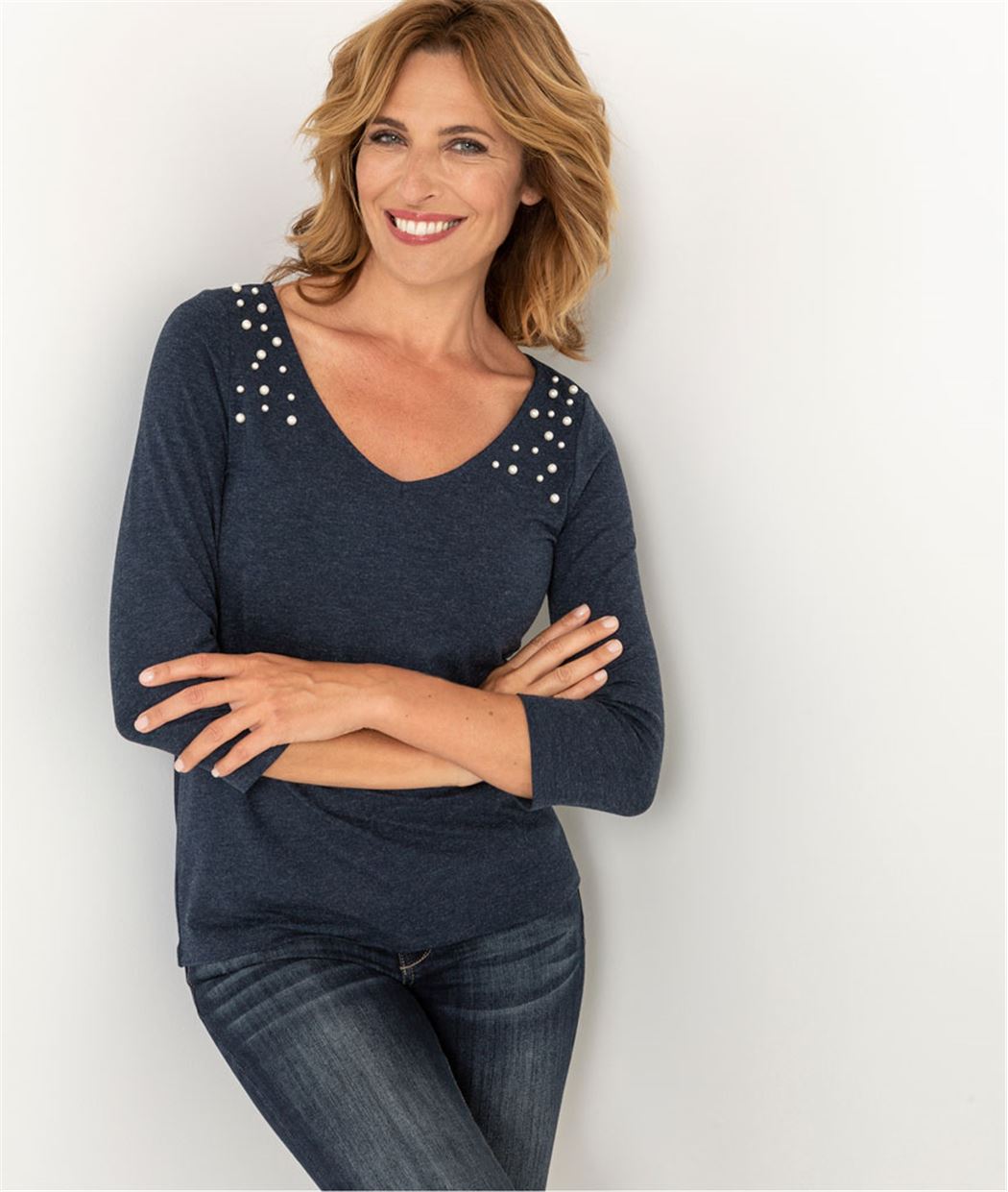 T-shirt femme détails perles MARINE