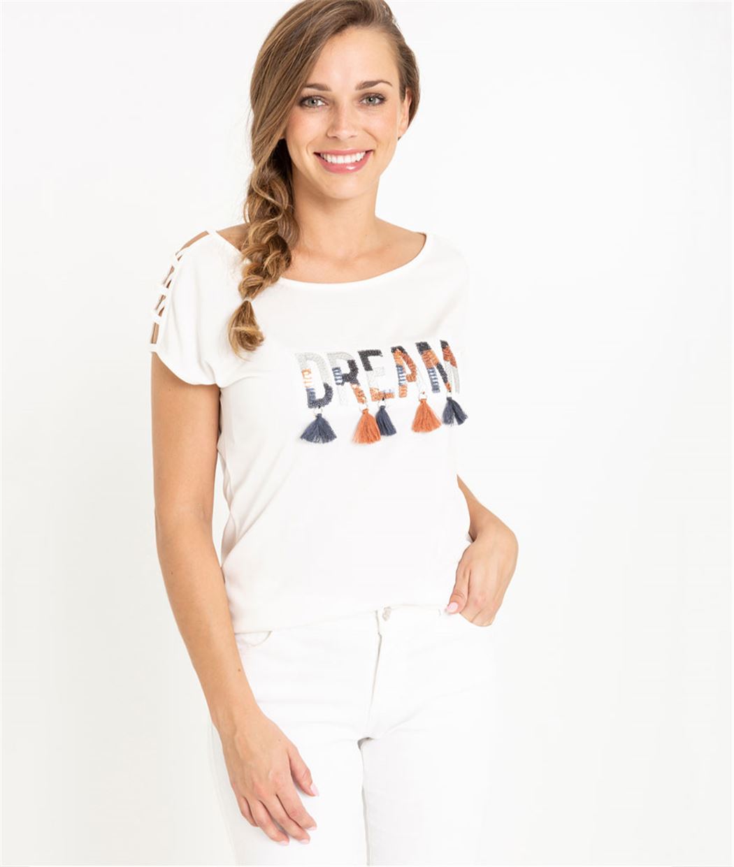 T-shirt femme message et pompons BLANC CASSE