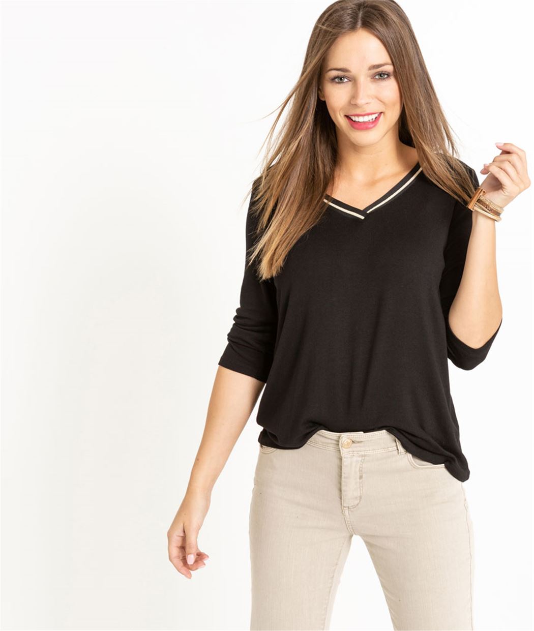 T-shirt femme manche 3/4 uni NOIR