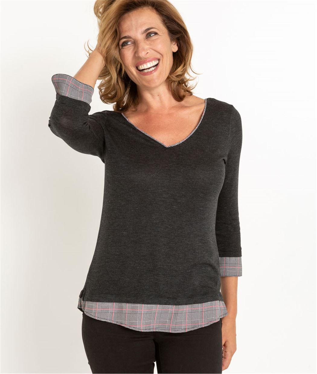 Pull femme 2 en 1 gris et carreaux GRIS
