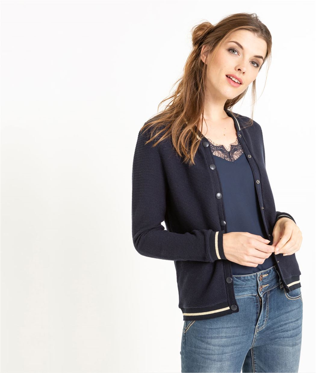 Gilet femme boutons et bord côte MARINE