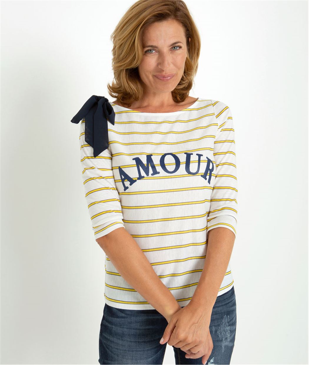 T-shirt femme rayé à message BLANC