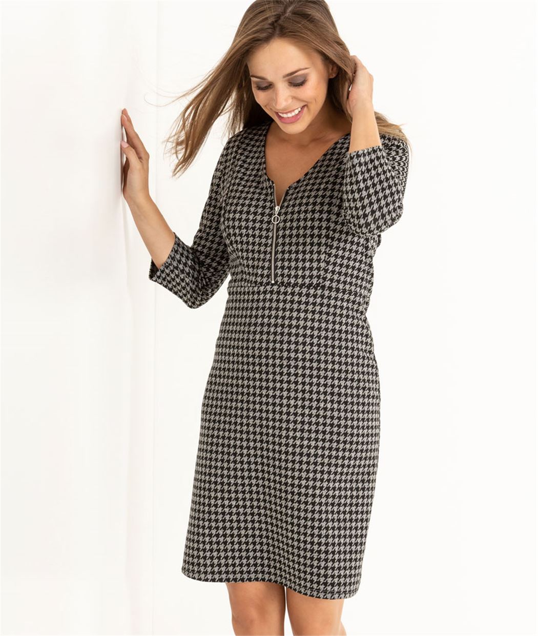 Robe femme maille pied de poule GRIS FONCE