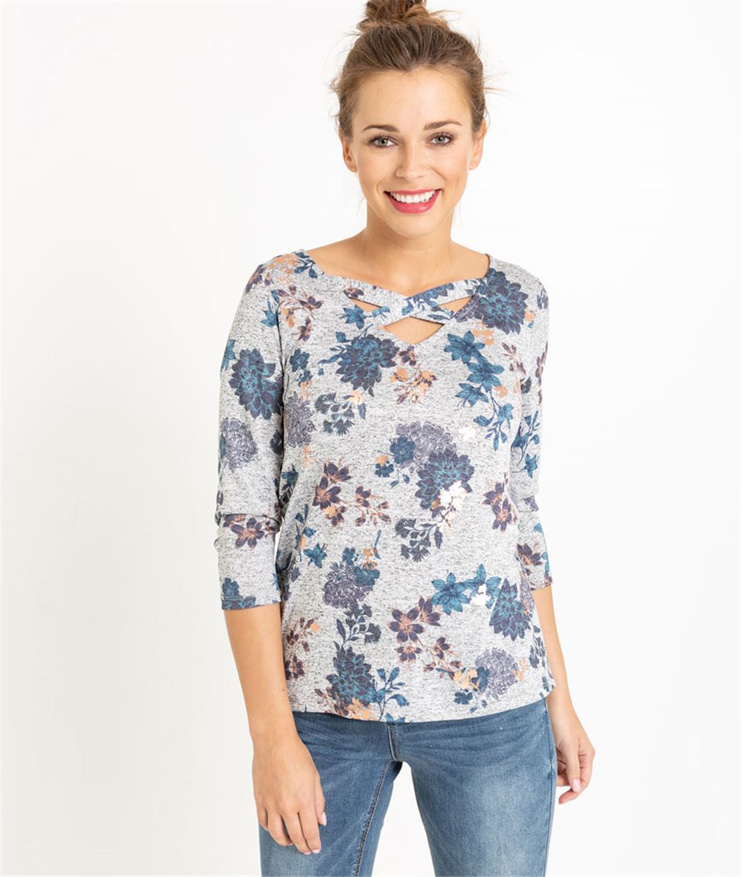Pull femme imprimé manches 3/4 GRIS