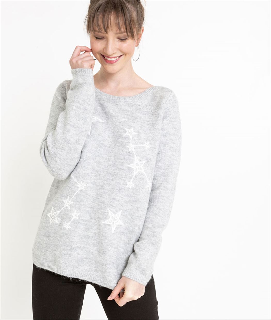 Pull femme gris long avec étoiles GRIS