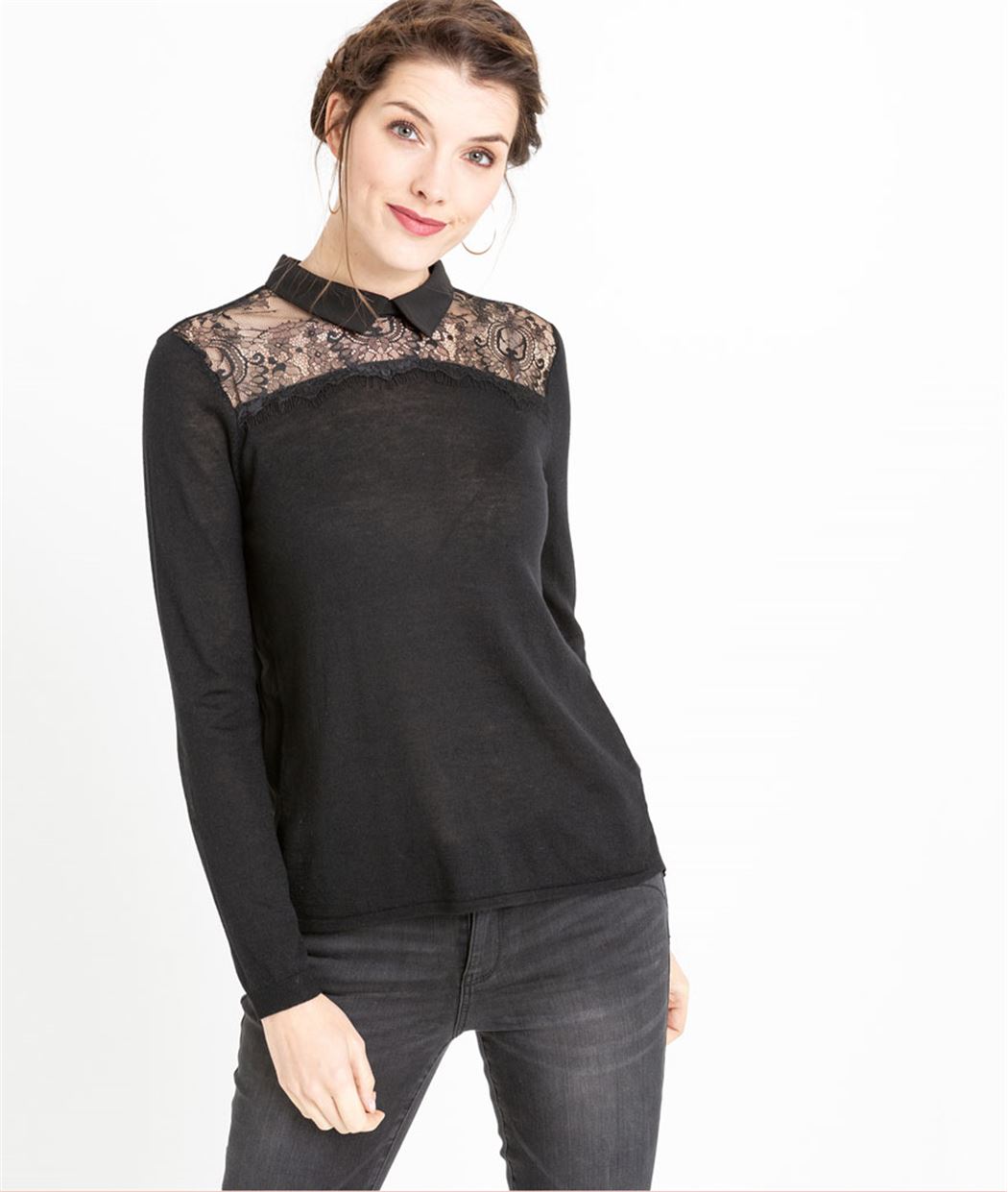 Pull femme fin noir avec dentelle NOIR