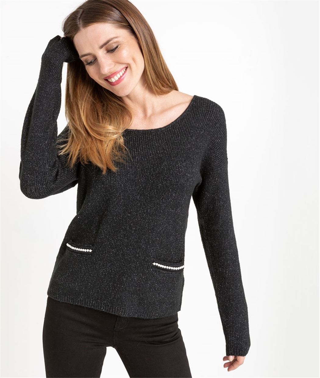 Pull femme brillant avec perles NOIR