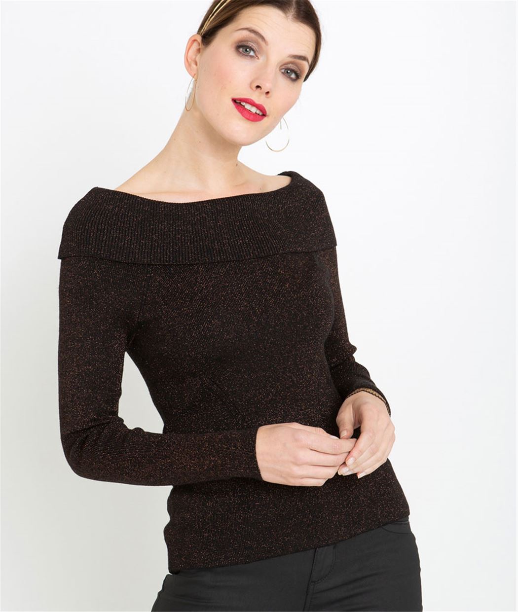 Pull femme épaules dénudées brillant NOIR
