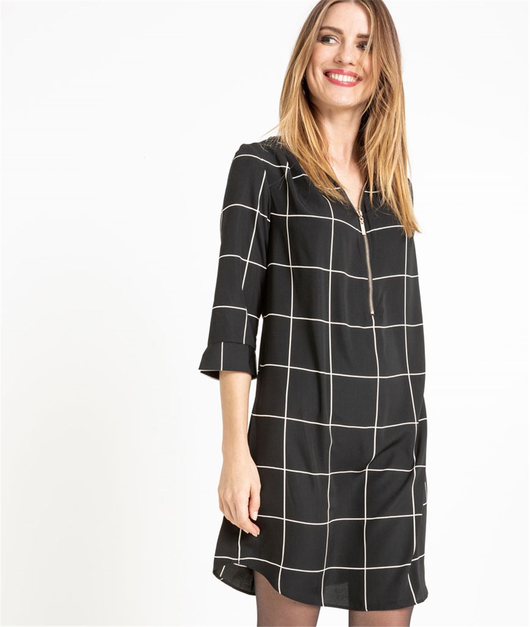 Robe femme à carreaux et zip NOIR