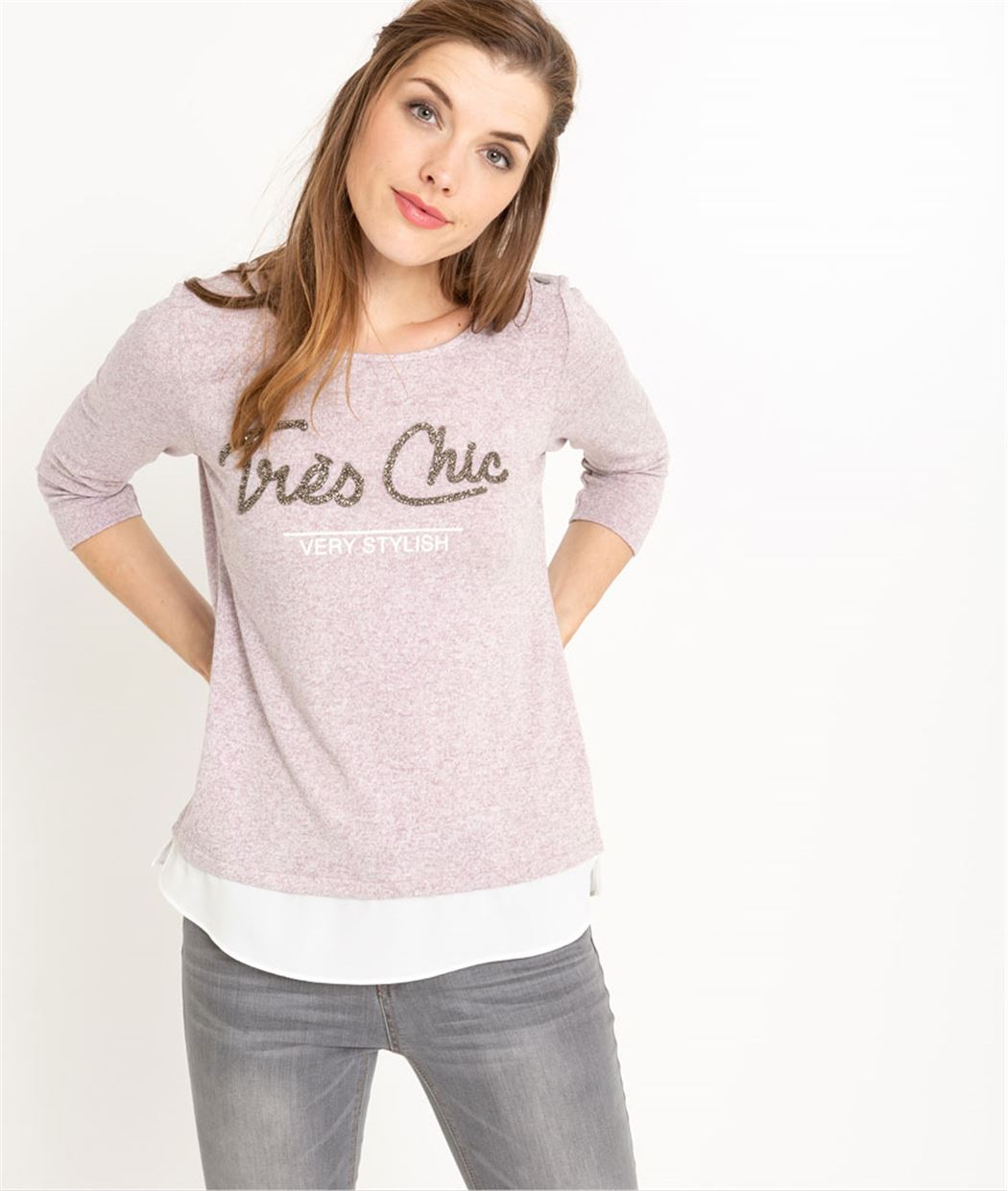 T-shirt femme manches 3/4 à message VIOLET