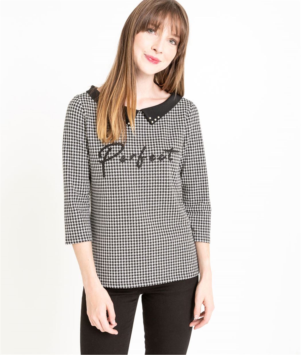 Pull femme pied de poule avec message NOIR