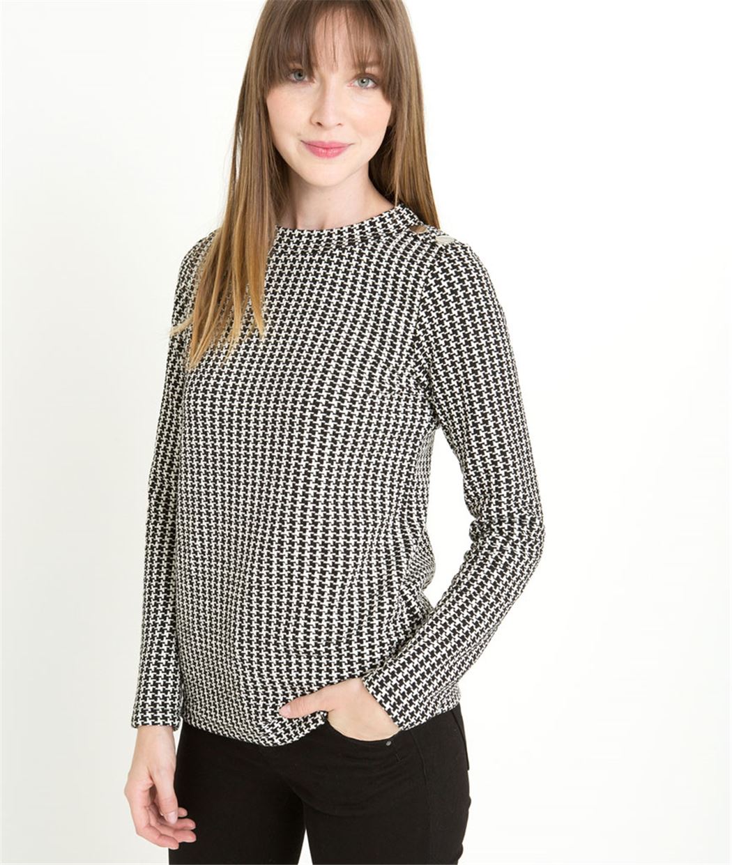 Sweat femme pied de poule ECRU