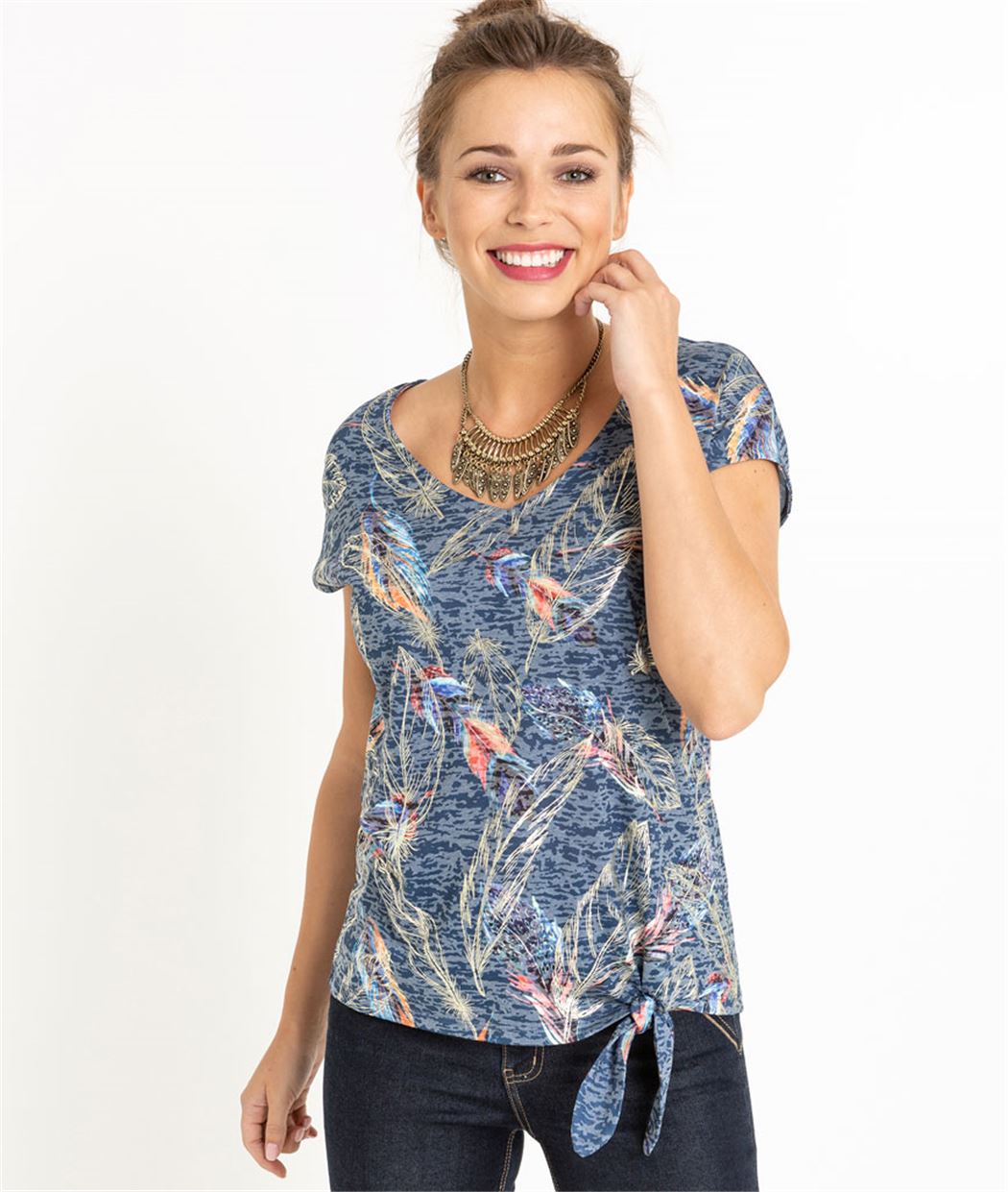 T-shirt femme imprimé plumes MARINE