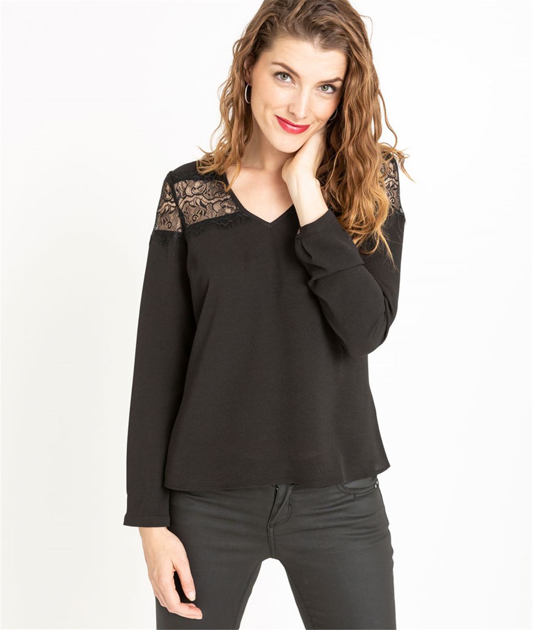 Blouse femme noire avec détails dentelle NOIR
