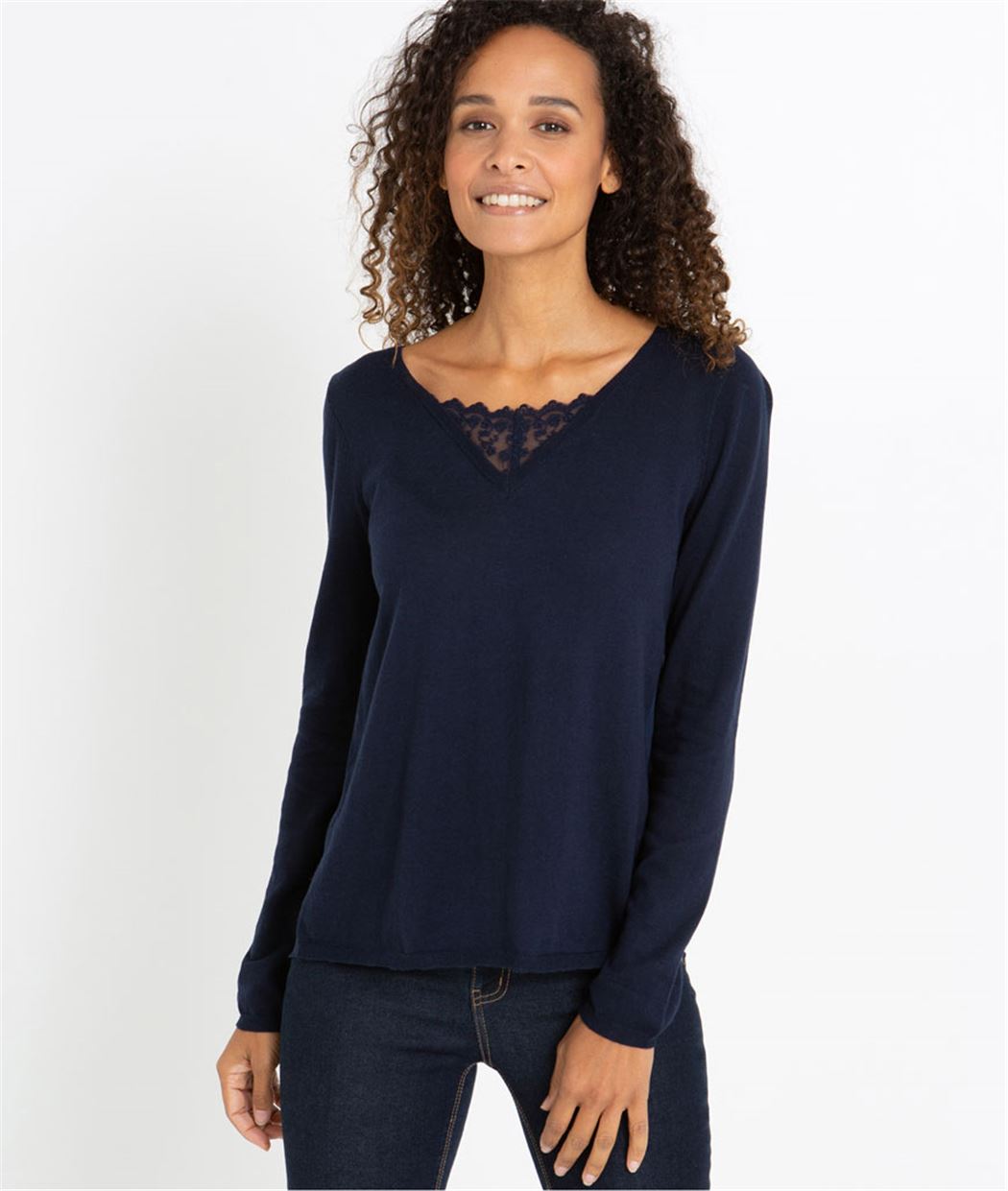 Pull femme bi-matières avec dentelle MARINE