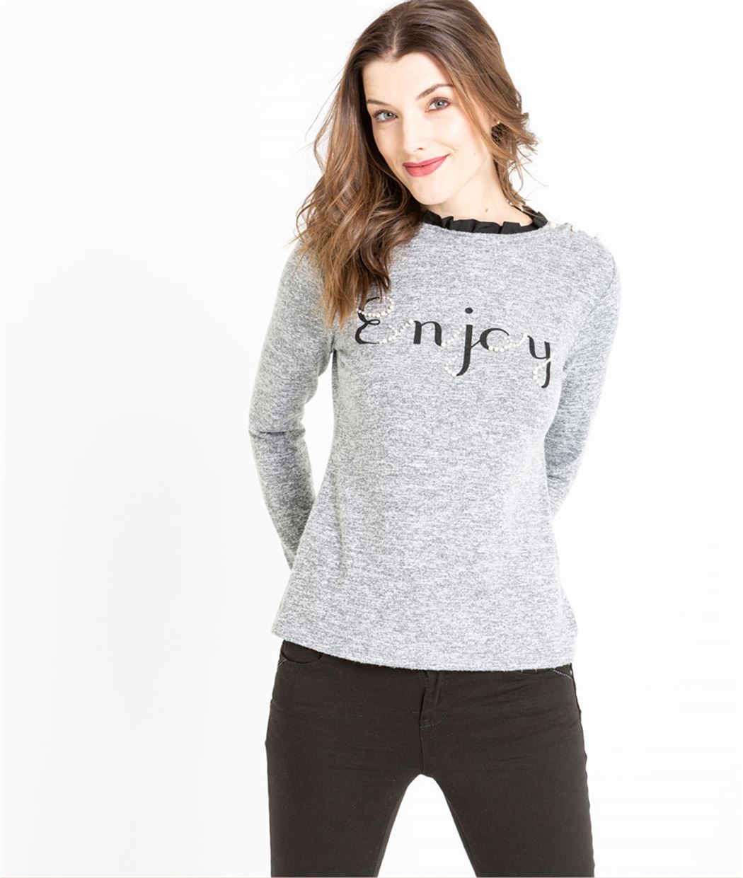 T-shirt femme manches longues à message GRIS
