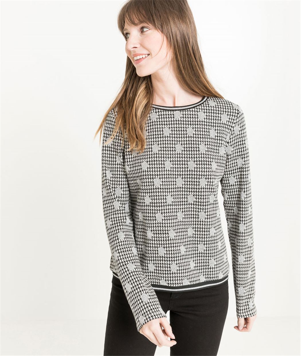 Sweat femme imprimé pied de poule NOIR