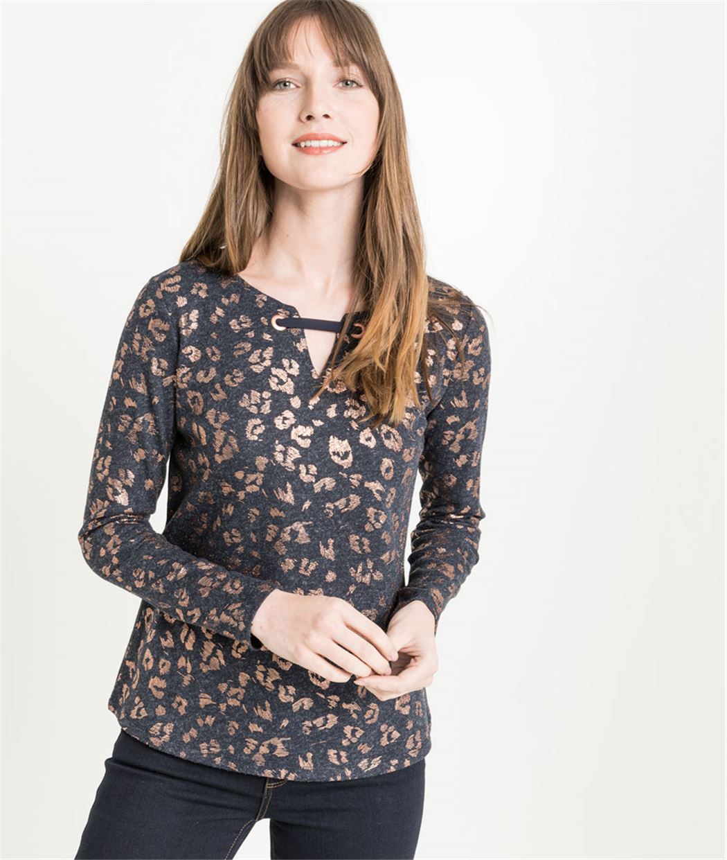 T-shirt femme manches longues léopard MARINE