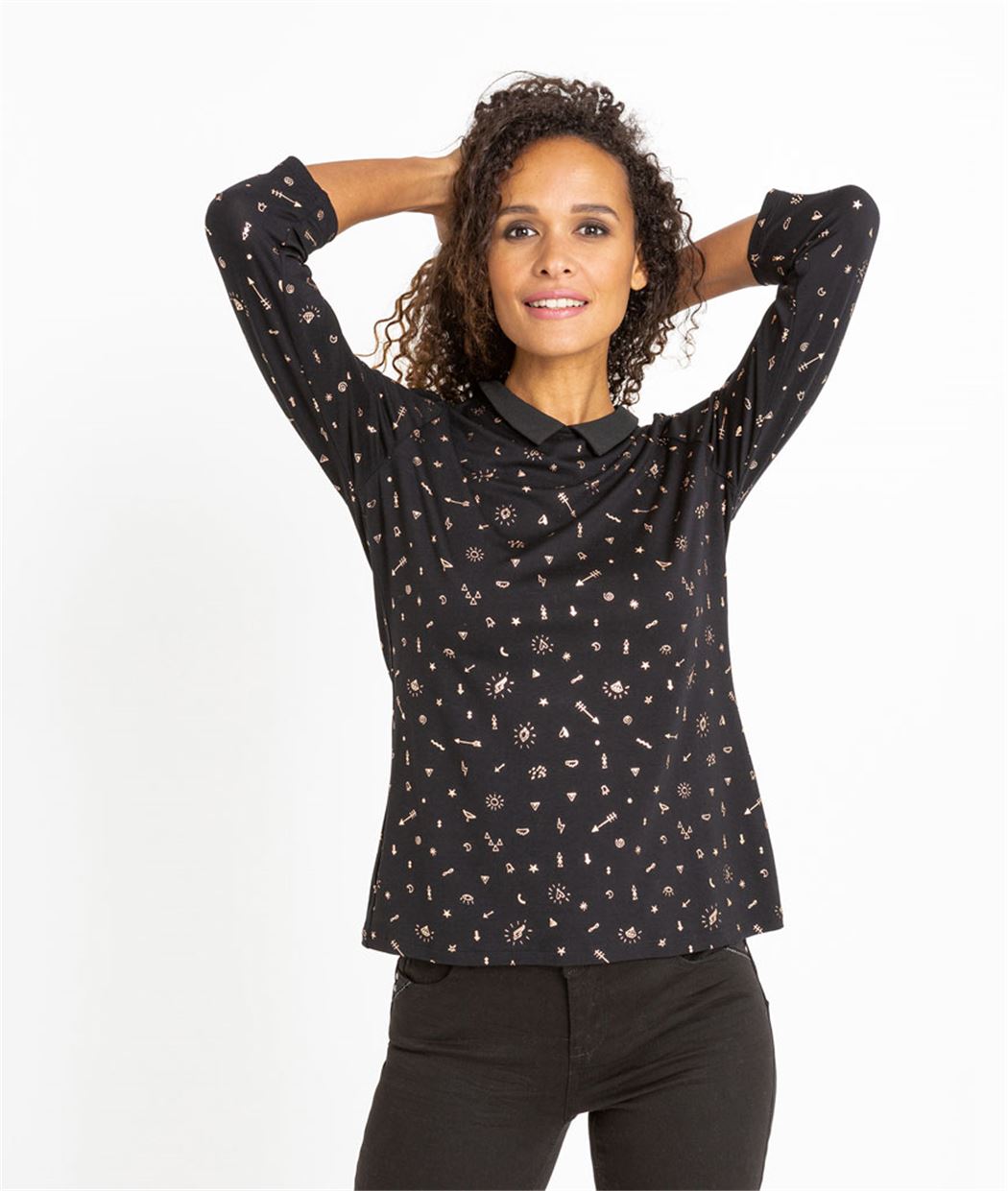 T-shirt femme imprimé manches 3/4 NOIR