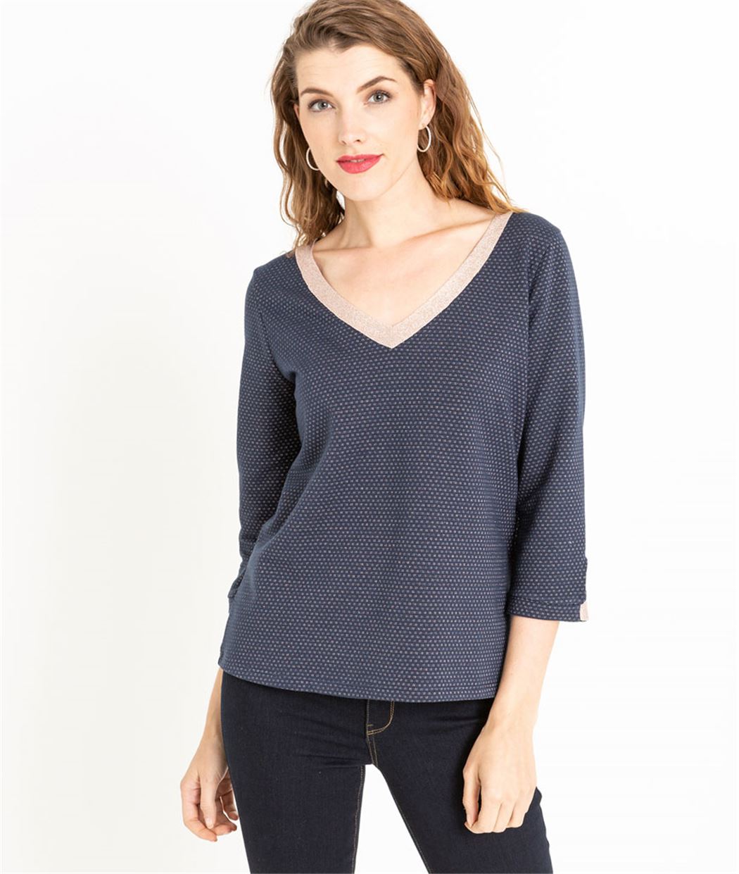 Sweat femme imprimé et décolleté V MARINE