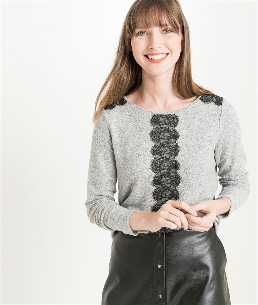T-shirt femme avec dentelle GRIS