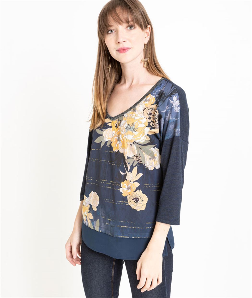 T-shirt femme manches 3/4 imprimé fleuri MARINE