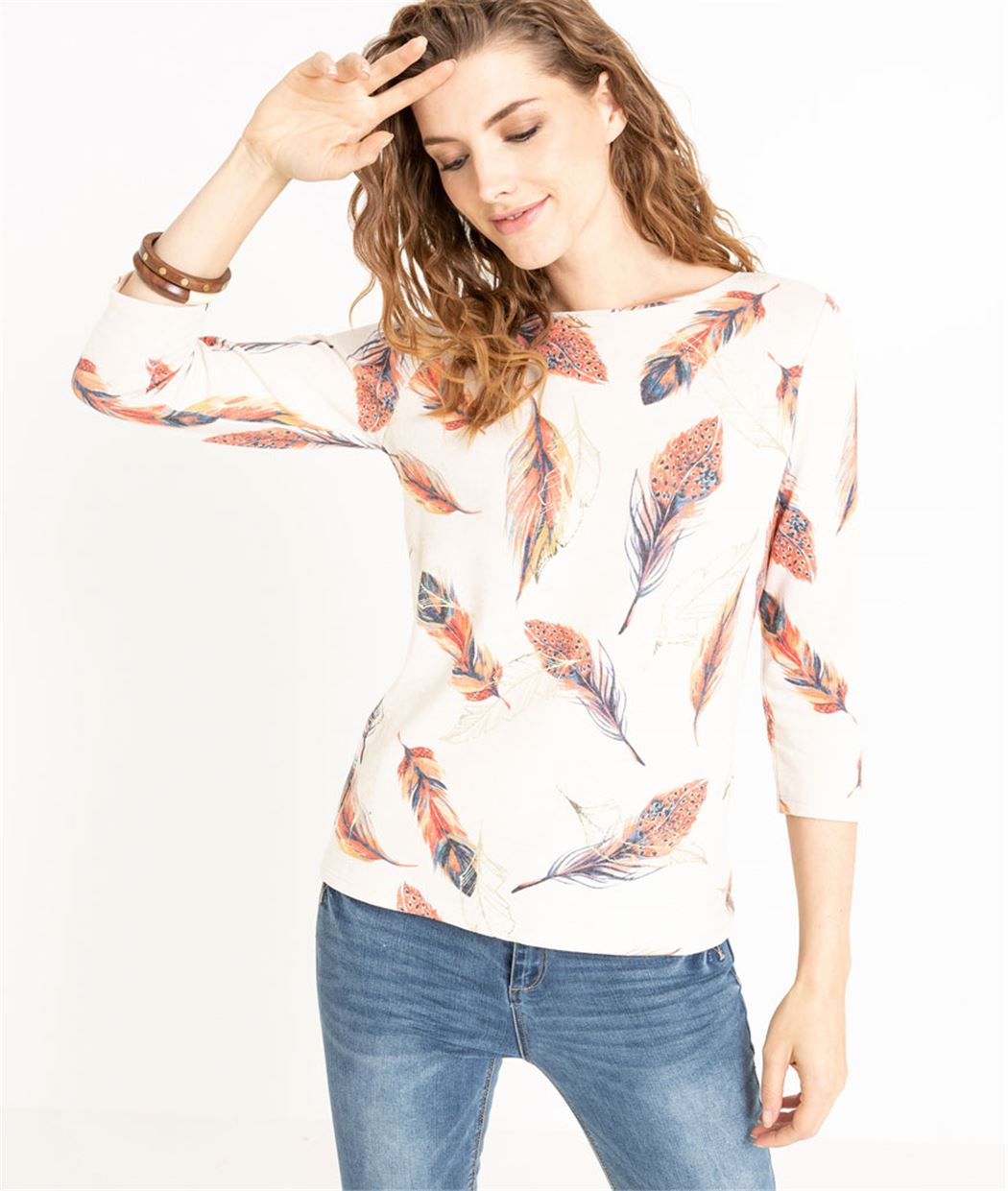 T-shirt femme manches 3/4 imprimé plumes BEIGE