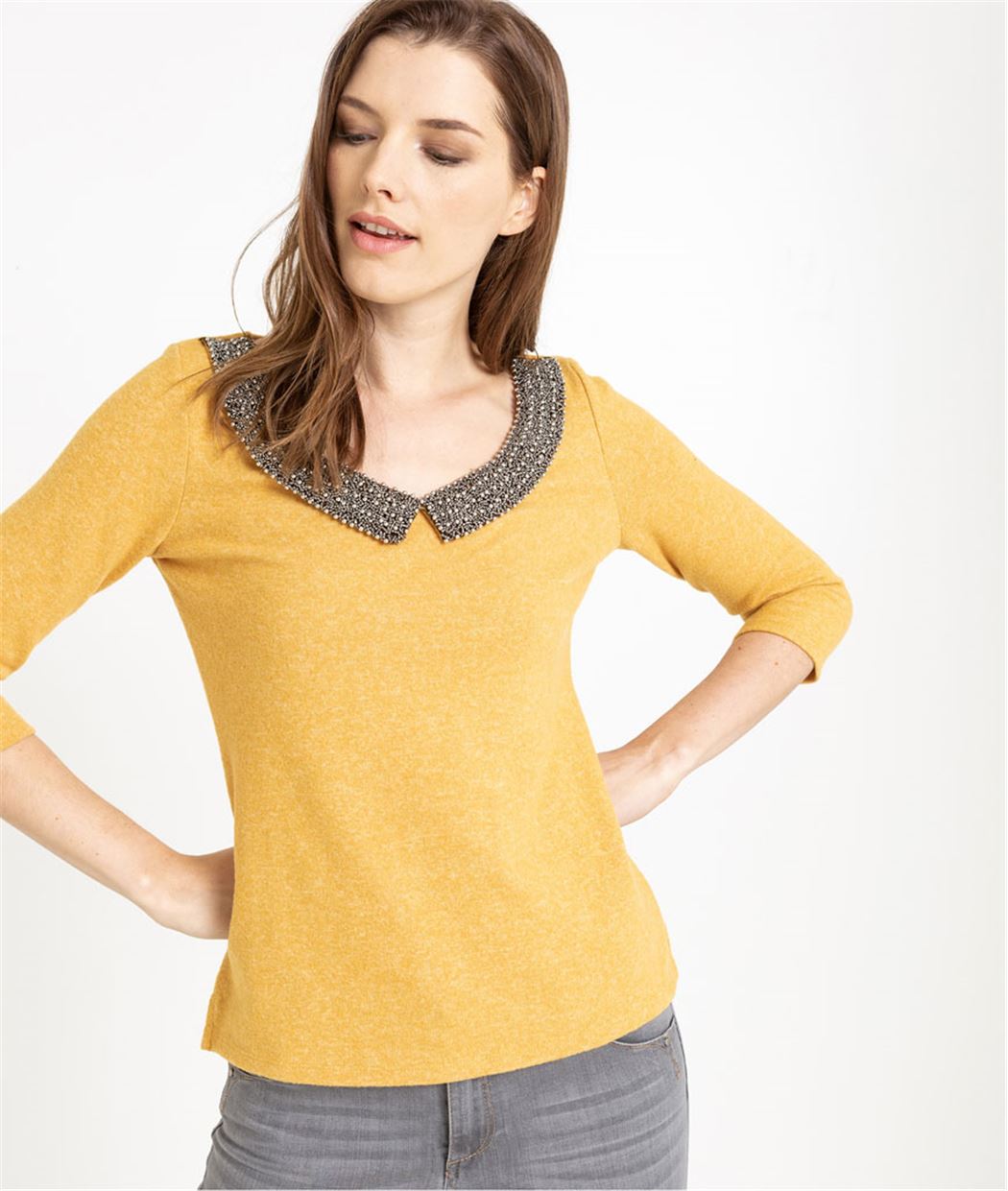T-shirt femme manches 3/4 et col perlé SAFRAN