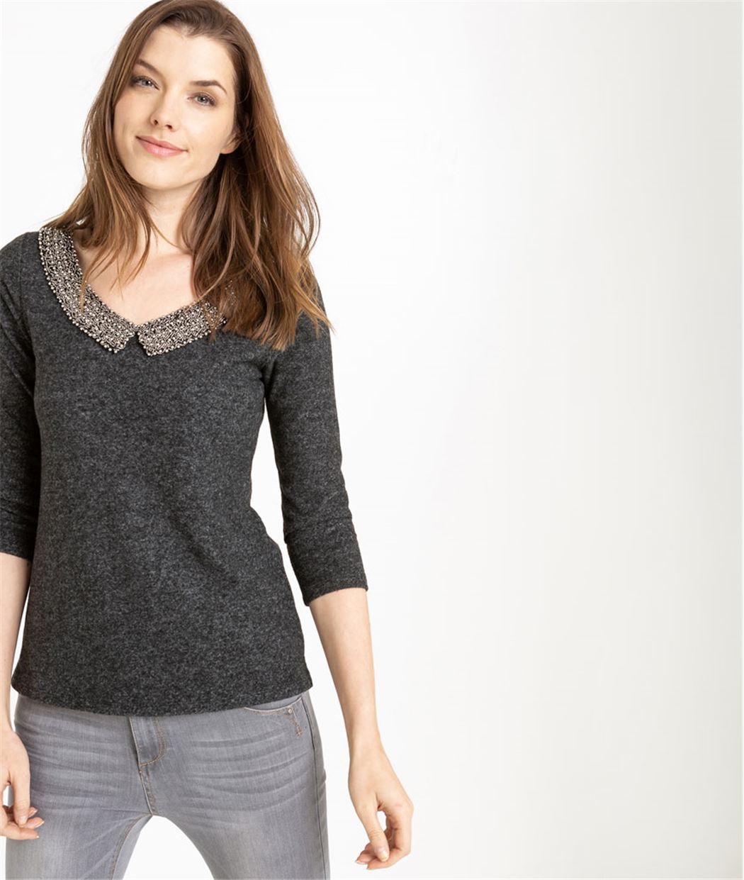 T-shirt femme manches 3/4 et col perlé GRIS FONCE