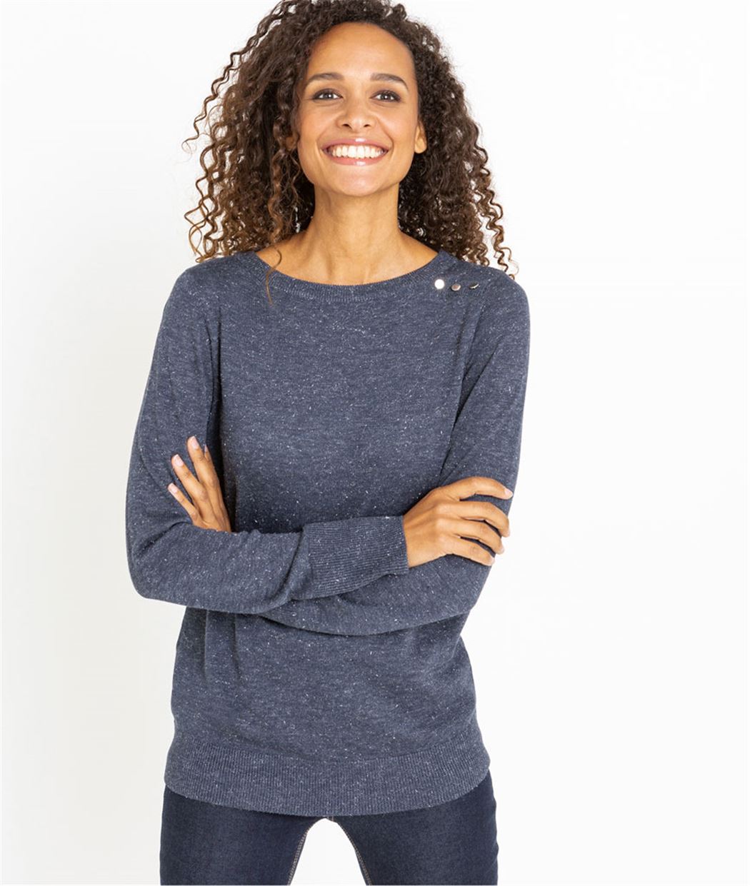 Pull femme col rond et boutons MARINE