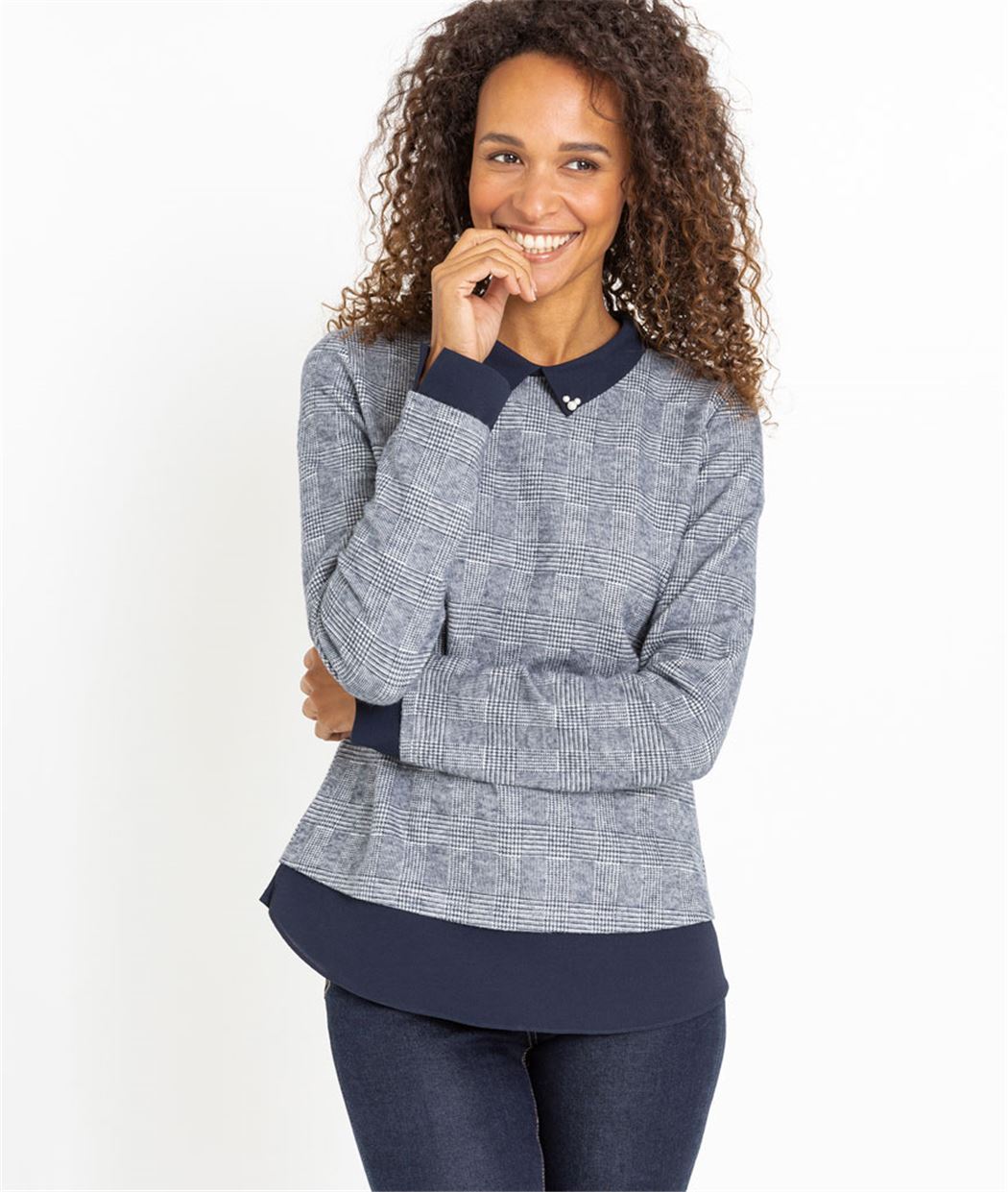 Sweat femme col chemise à carreaux MARINE