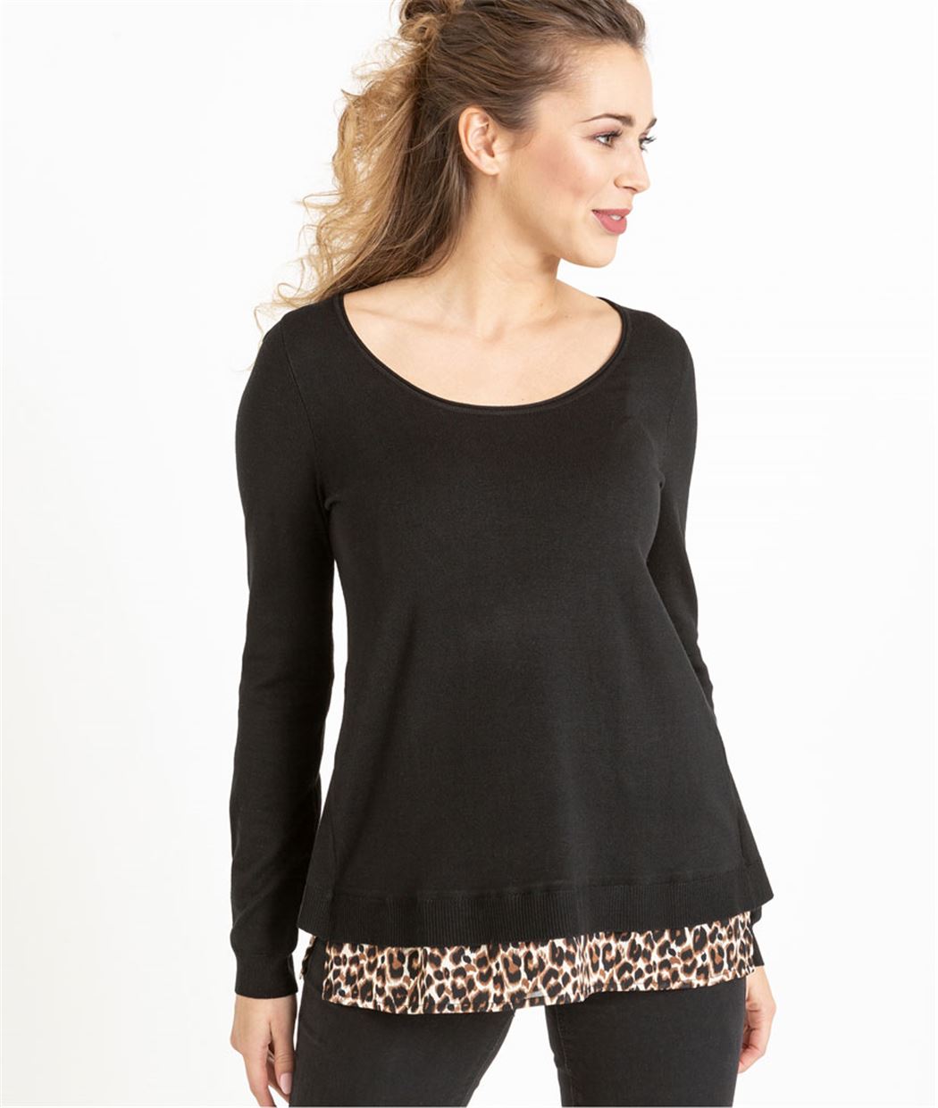 Pull femme bi-matière imprimé léopard NOIR