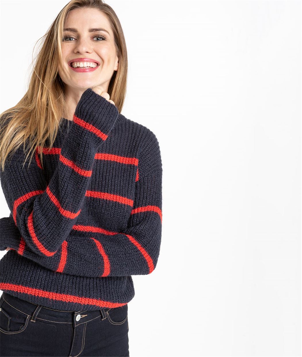 Pull femme rayé rouge et bleu avec noeud MARINE - Grain de Malice