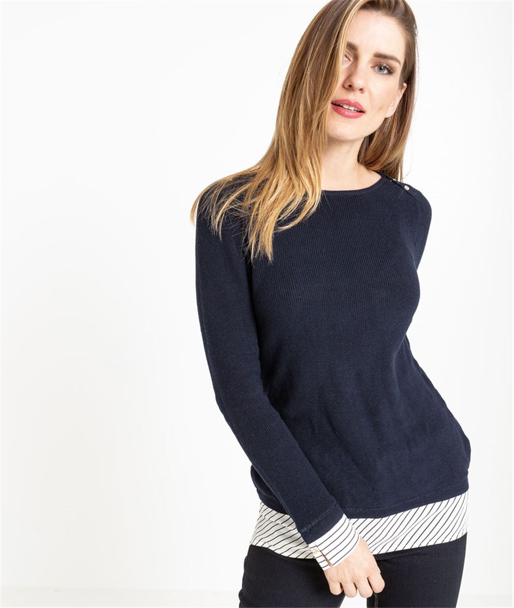 Pull effet superposé en coton MARINE