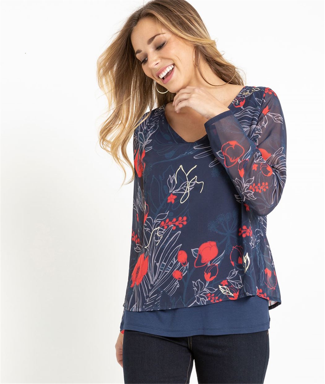 T-shirt femme imprimé avec voile MARINE