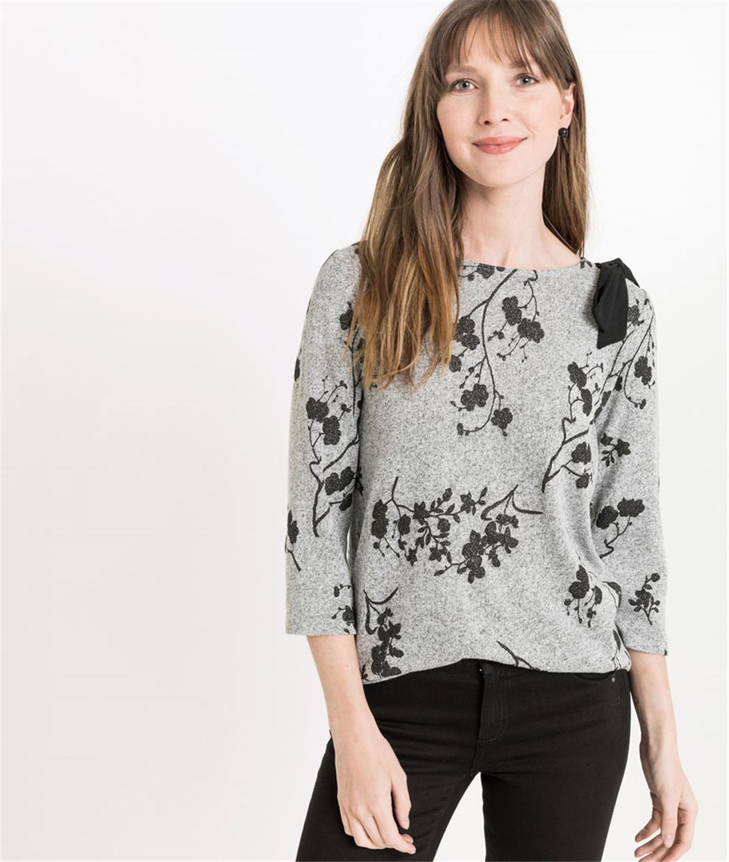 T-shirt femme manches 3/4 avec ruban GRIS