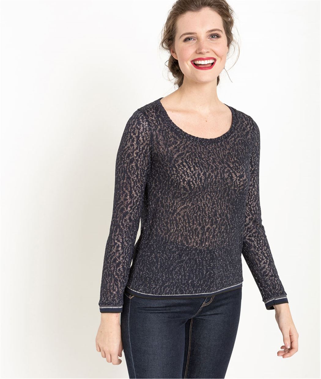 Pull femme dentelle marine brillant MARINE