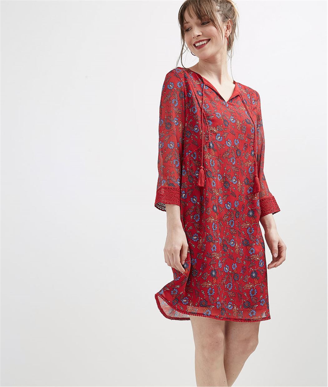 Robe femme imprimée avec pompons ROUGE
