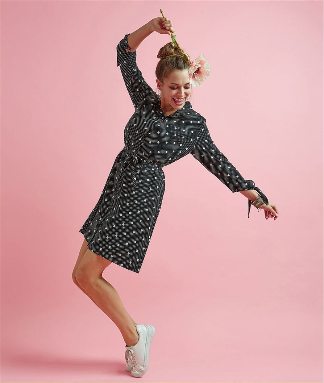 Robe femme chemise imprimé pois NOIR