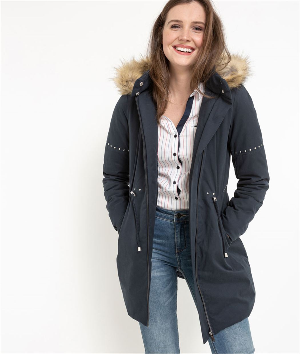 Parka femme fourrée et détails argentés MARINE
