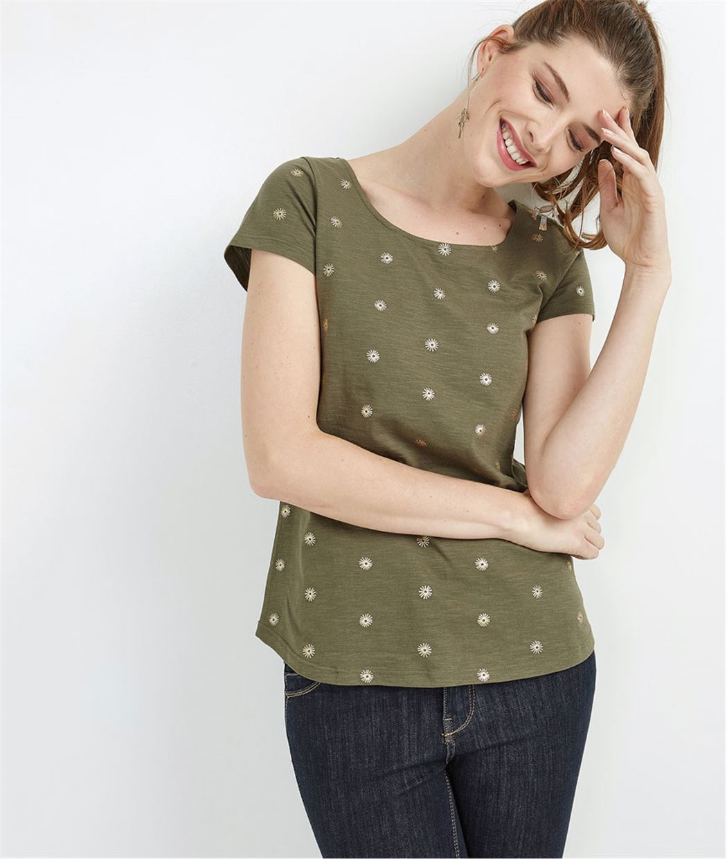 T-shirt femme imprimé décolleté dos KAKI
