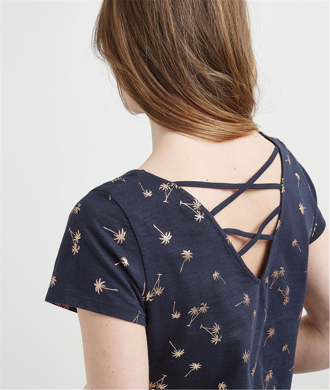 T-shirt femme imprimé décolleté dos MARINE