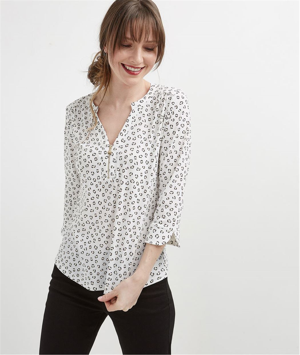 T-shirt femme manche 3/4 avec zip ECRU
